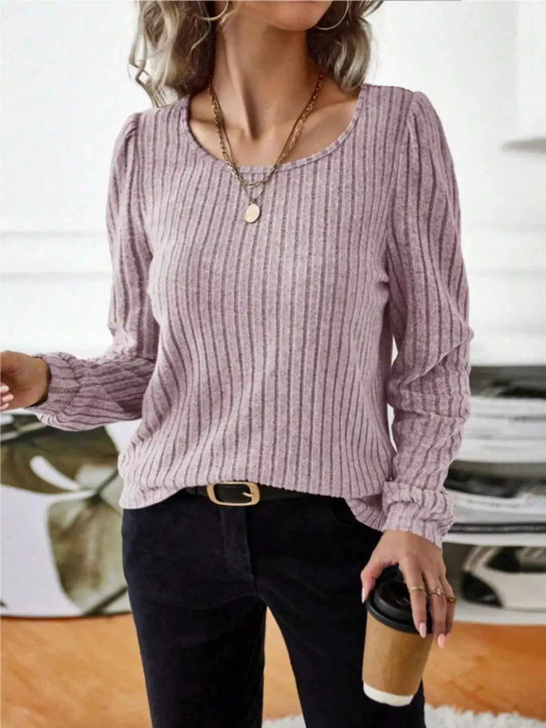 Ribbed Knit Puff Shoulder Long Sleeve Top
