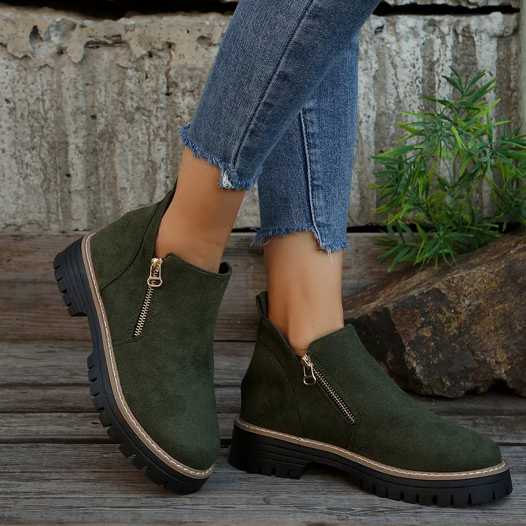 Faux-Fur-Lined Suede Ankle Boots with Zipper Detail