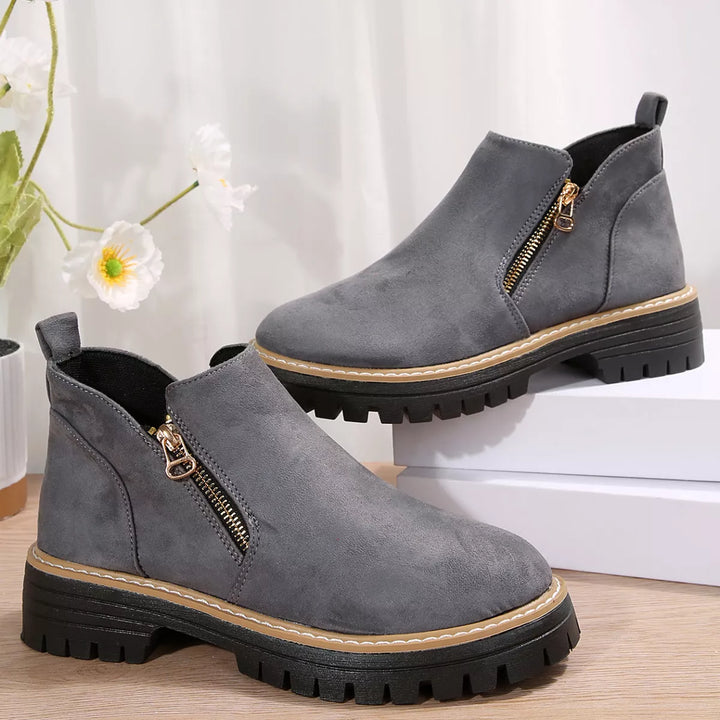Side-Zip Suede Ankle Boots with Mid Heel