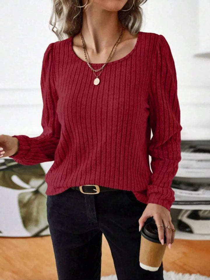 Ribbed Knit Puff Shoulder Long Sleeve Top