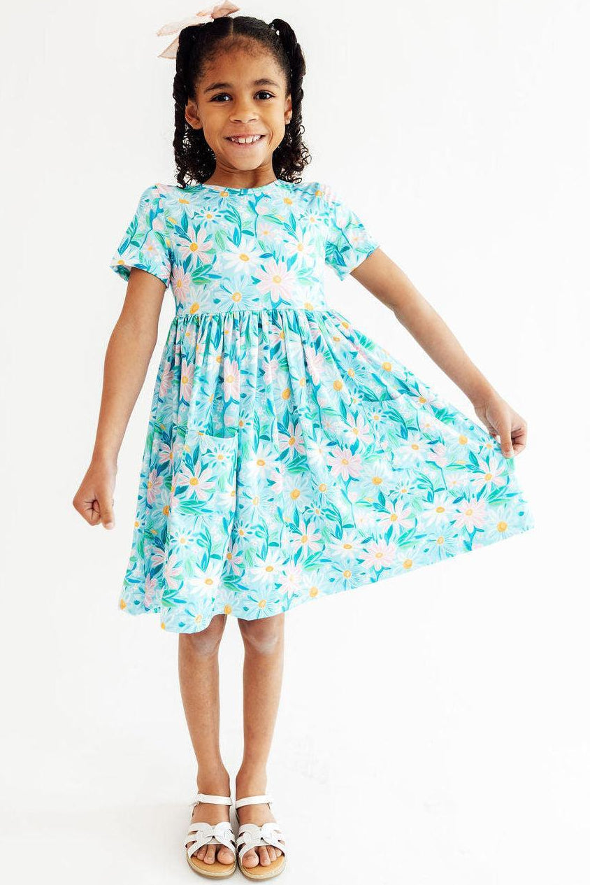 Mila &amp; Rose Girls Preppy Daisies Short Sleeve Pocket Twirl Dress – Toddler &amp; Kids Sizes