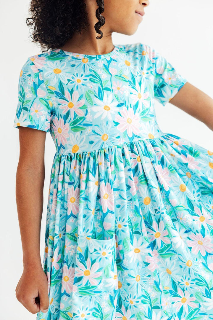 Mila &amp; Rose Girls Preppy Daisies Short Sleeve Pocket Twirl Dress – Toddler &amp; Kids Sizes