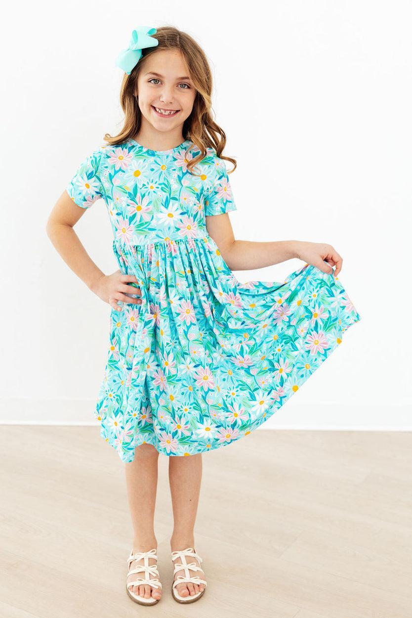 Mila &amp; Rose Girls Preppy Daisies Short Sleeve Pocket Twirl Dress – Toddler &amp; Kids Sizes