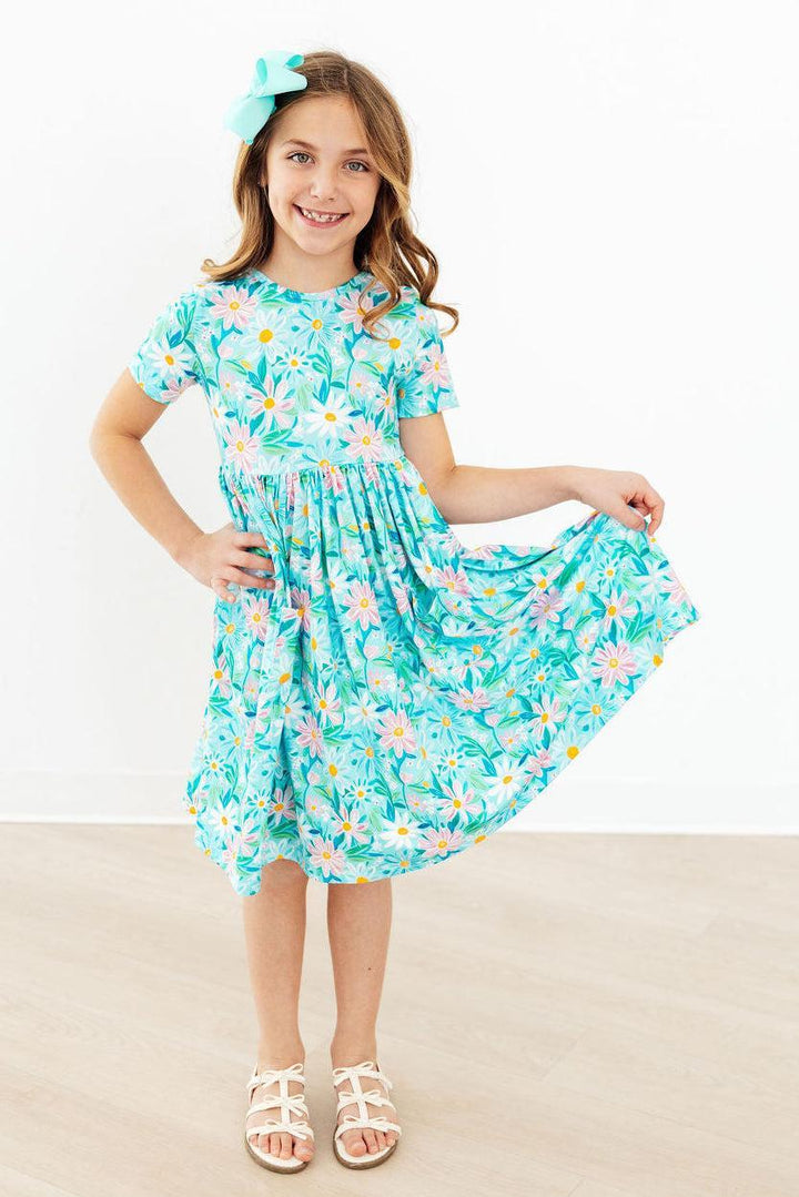 Mila &amp; Rose Girls Preppy Daisies Short Sleeve Pocket Twirl Dress – Toddler &amp; Kids Sizes