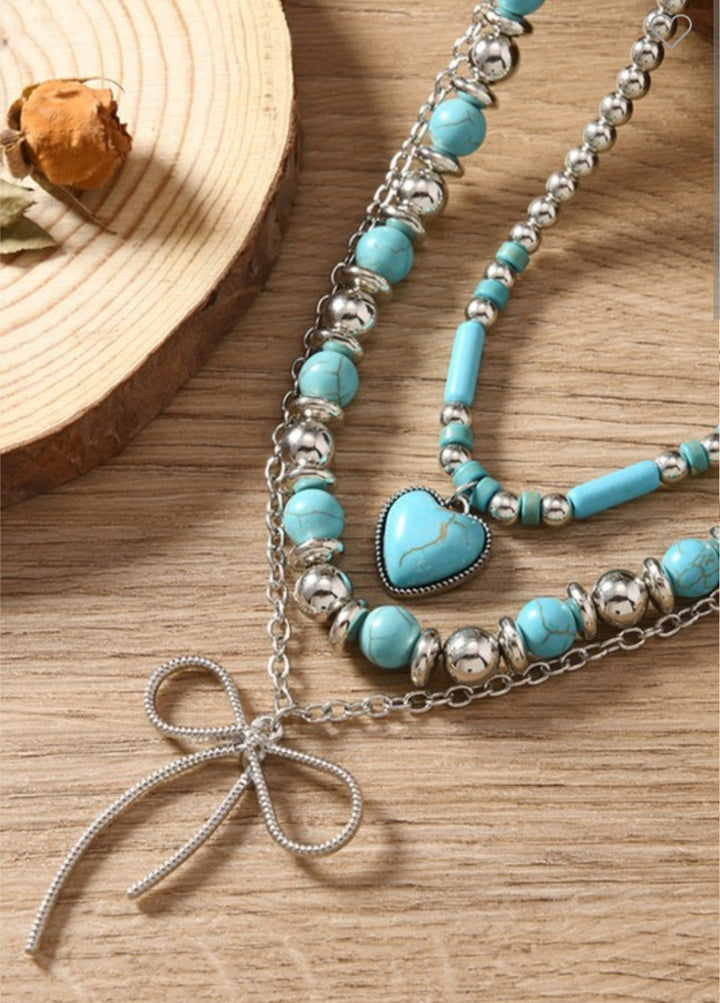 Western Turquoise Multi-Layer Necklace | Bow &amp; Heart Choker