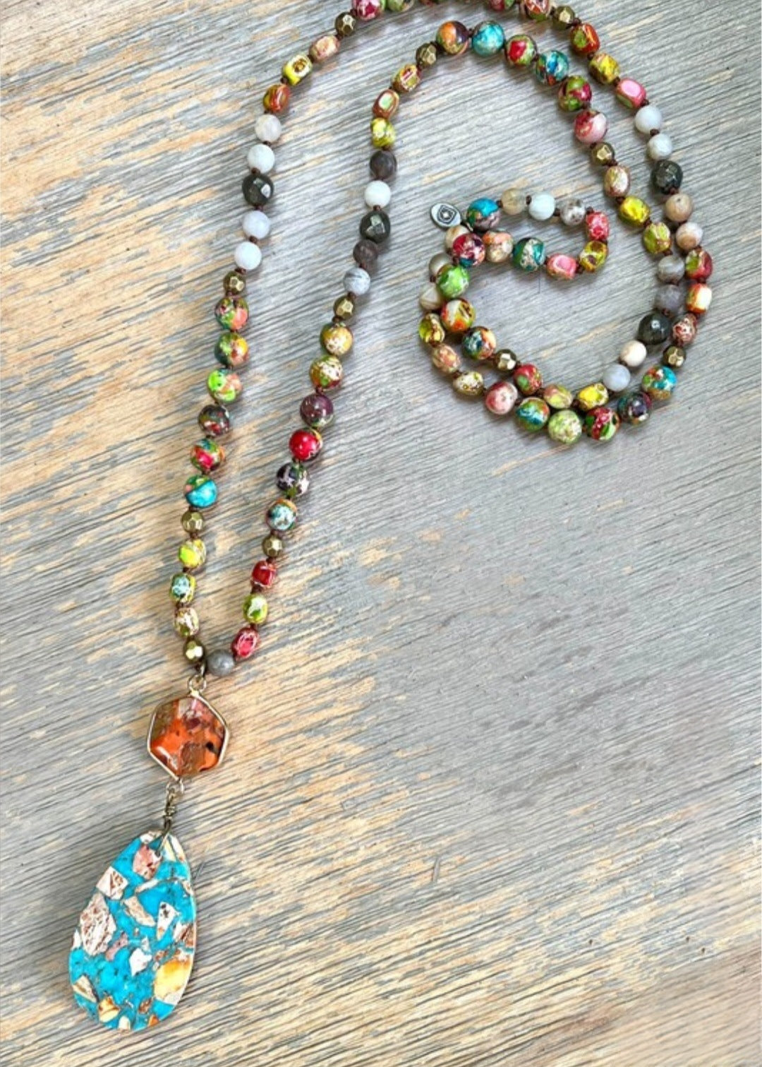 Natural Stone Beaded Necklace - 26" Multi-Color Pendant Statement Necklace